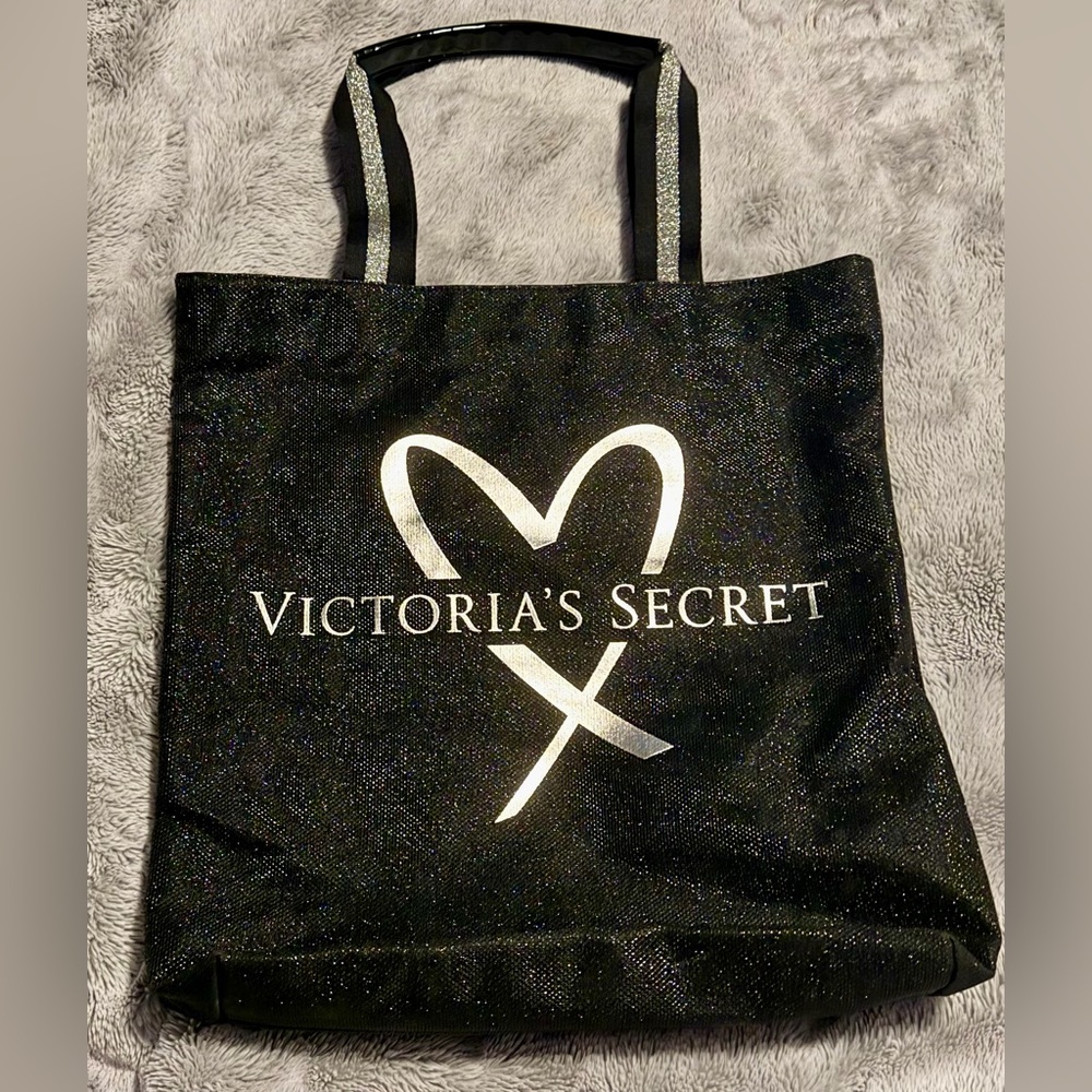 Victoria's Secret Black Glitter Tote with Metallic Heart Logo